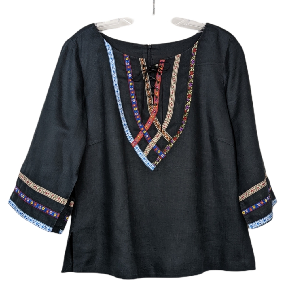 Nikki Valentine Irish Linen Boho Cottagecore Peasant Blouse Faded Black